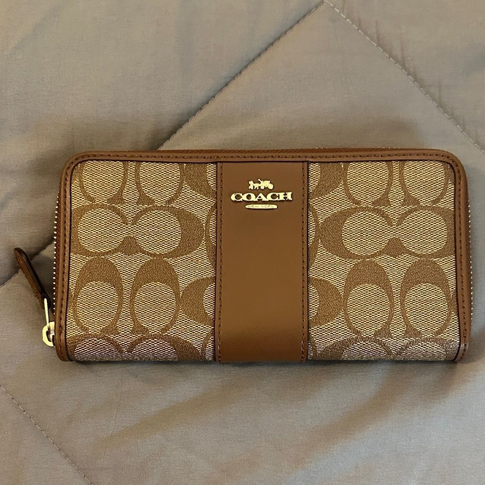 Coach Tan and Brown Signature Zip Wallet